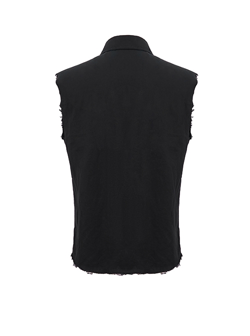 Punk Style Wild Sleeveless Raw Edge Heart Pattern On The Chest Black Lapel Daily Shirt