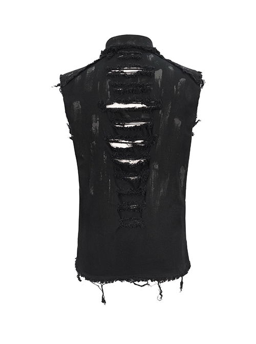 Punk Style Elastic Woven Twill Irregular Metal Zipper Decoration Black Sleeveless Raw Edge Shirt