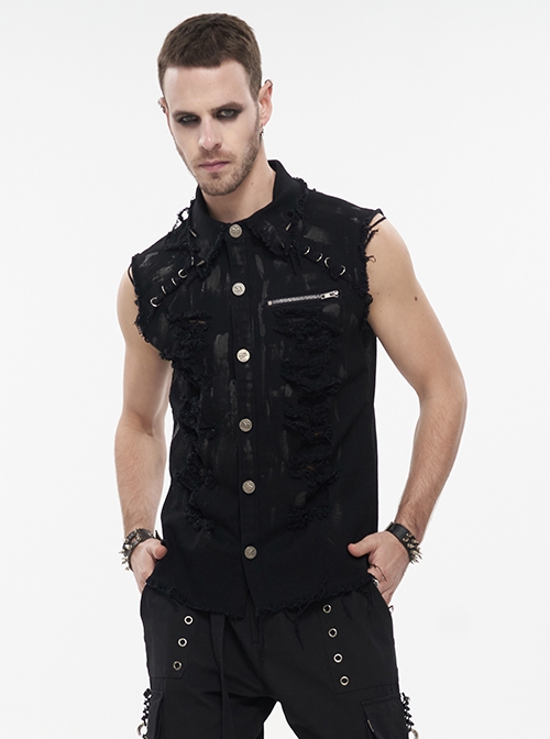 Punk Style Elastic Woven Twill Irregular Metal Zipper Decoration Black Sleeveless Raw Edge Shirt