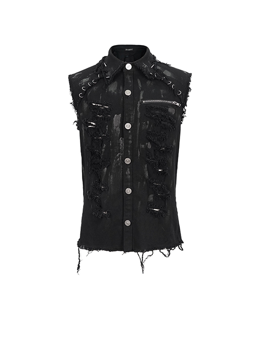 Punk Style Elastic Woven Twill Irregular Metal Zipper Decoration Black Sleeveless Raw Edge Shirt