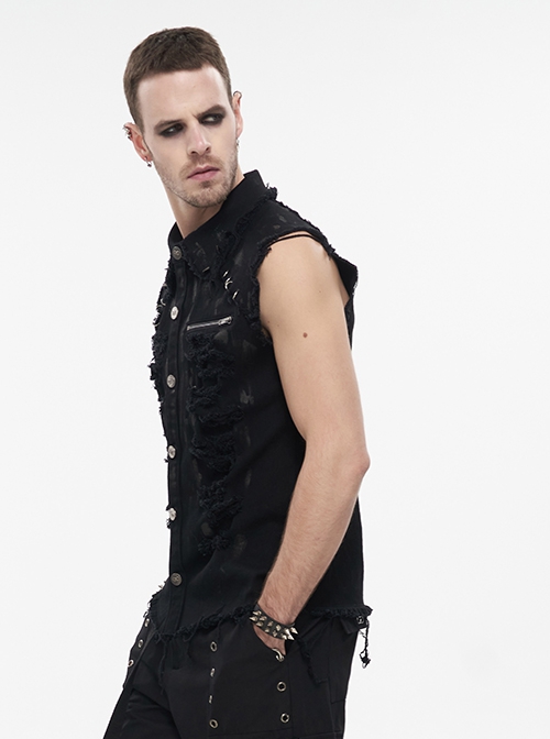 Punk Style Elastic Woven Twill Irregular Metal Zipper Decoration Black Sleeveless Raw Edge Shirt