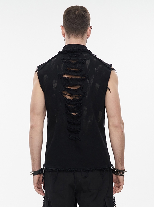 Punk Style Elastic Woven Twill Irregular Metal Zipper Decoration Black Sleeveless Raw Edge Shirt