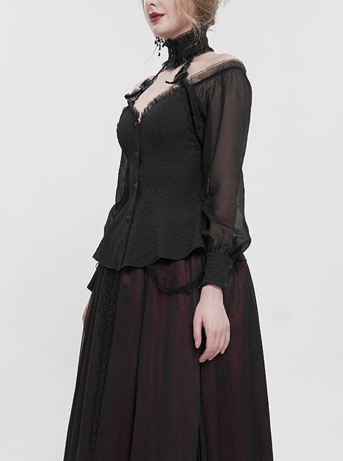 Gothic Sexy One Shoulder With Lace Woven Black Slightly Transparent Long Sleeved T-Shirt