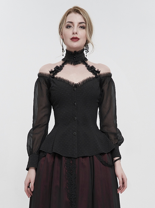 Gothic Sexy One Shoulder With Lace Woven Black Slightly Transparent Long Sleeved T-Shirt