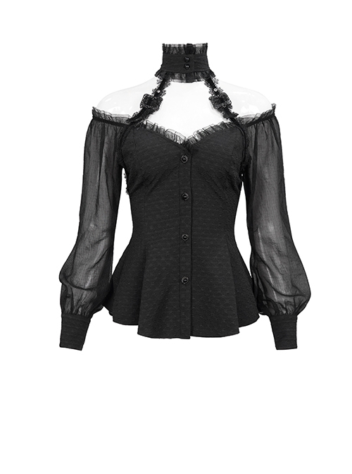 Gothic Sexy One Shoulder With Lace Woven Black Slightly Transparent Long Sleeved T-Shirt