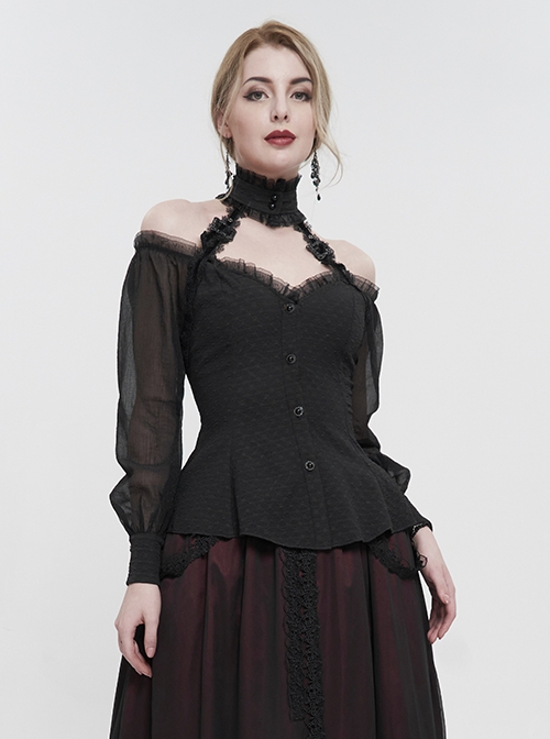 Gothic Sexy One Shoulder With Lace Woven Black Slightly Transparent Long Sleeved T-Shirt