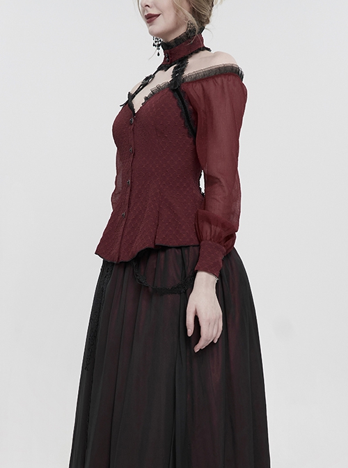 Gothic Sexy One Shoulder With Lace Woven Red Slightly Transparent Long Sleeved T-Shirt