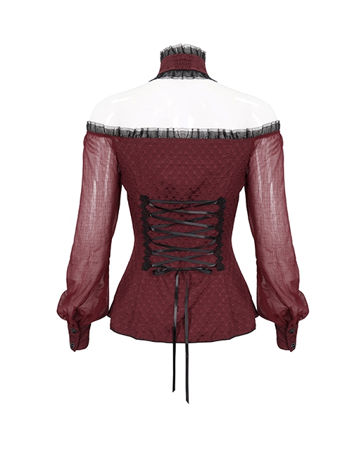 Gothic Sexy One Shoulder With Lace Woven Red Slightly Transparent Long Sleeved T-Shirt