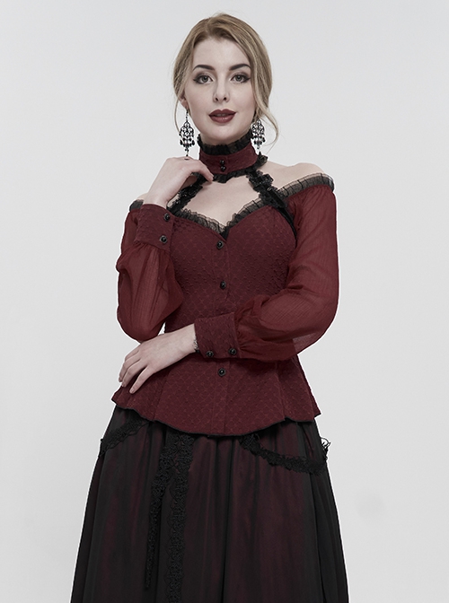 Gothic Sexy One Shoulder With Lace Woven Red Slightly Transparent Long Sleeved T-Shirt