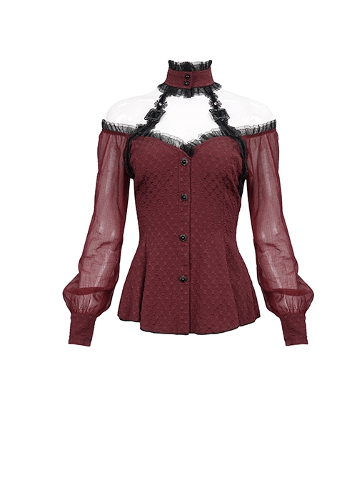 Gothic Sexy One Shoulder With Lace Woven Red Slightly Transparent Long Sleeved T-Shirt