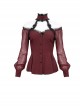 Gothic Sexy One Shoulder With Lace Woven Red Slightly Transparent Long Sleeved T-Shirt