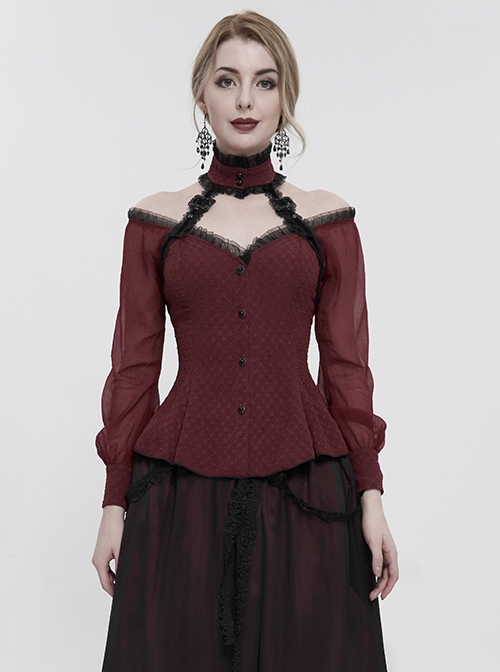 Gothic Sexy One Shoulder With Lace Woven Red Slightly Transparent Long Sleeved T-Shirt