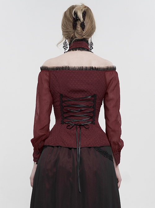 Gothic Sexy One Shoulder With Lace Woven Red Slightly Transparent Long Sleeved T-Shirt