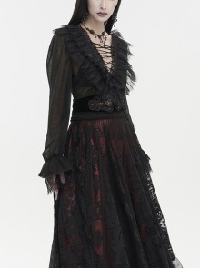 Gothic Style Light And Transparent Grid Fabric Front Lace Layered With Tied Black Puff Sleeves Shirt