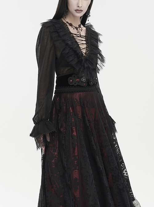 Gothic Style Light And Transparent Grid Fabric Front Lace Layered With Tied Black Puff Sleeves Shirt