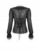 Gothic Style Light And Transparent Grid Fabric Front Lace Layered With Tied Black Puff Sleeves Shirt