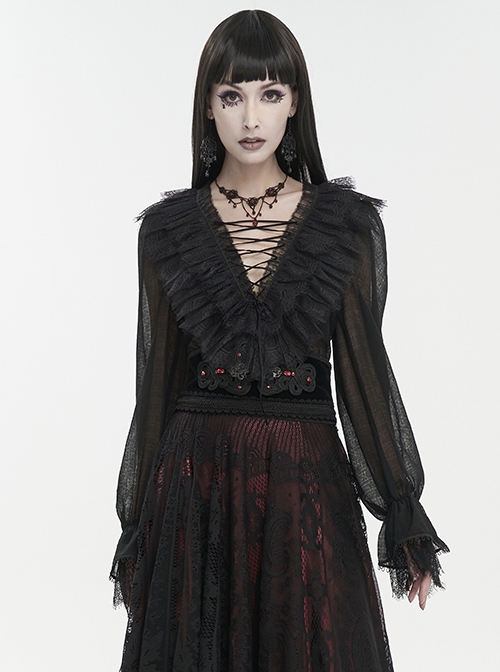 Gothic Style Light And Transparent Grid Fabric Front Lace Layered With Tied Black Puff Sleeves Shirt