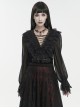 Gothic Style Light And Transparent Grid Fabric Front Lace Layered With Tied Black Puff Sleeves Shirt