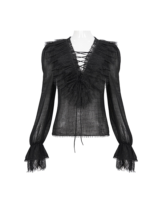 Gothic Style Light And Transparent Grid Fabric Front Lace Layered With Tied Black Puff Sleeves Shirt