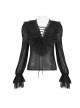 Gothic Style Light And Transparent Grid Fabric Front Lace Layered With Tied Black Puff Sleeves Shirt