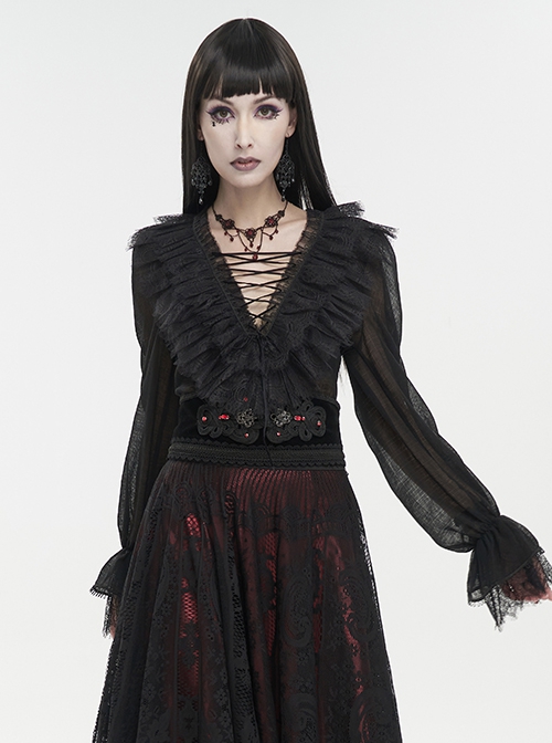 Gothic Style Light And Transparent Grid Fabric Front Lace Layered With Tied Black Puff Sleeves Shirt