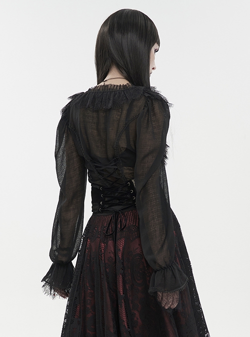 Gothic Style Light And Transparent Grid Fabric Front Lace Layered With Tied Black Puff Sleeves Shirt