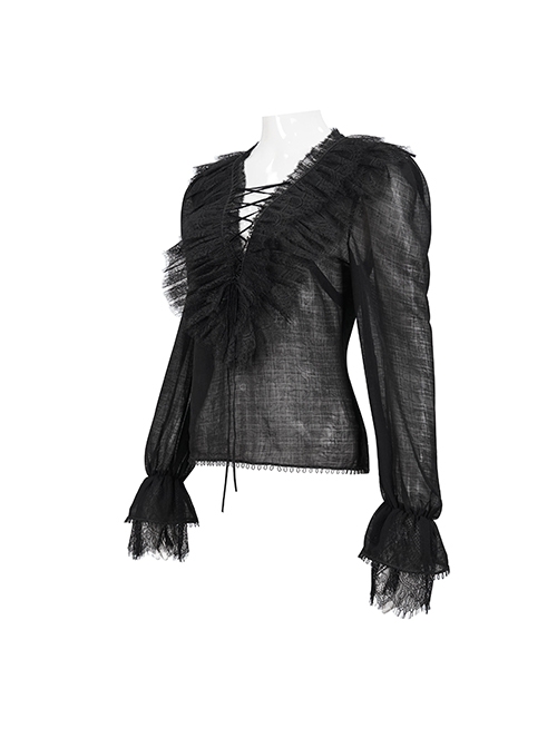 Gothic Style Light And Transparent Grid Fabric Front Lace Layered With Tied Black Puff Sleeves Shirt