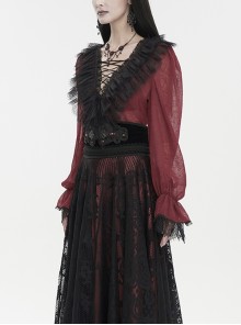 Gothic Style Light And Transparent Grid Fabric Front Lace Layered With Tied Red Puff Sleeves Shirt