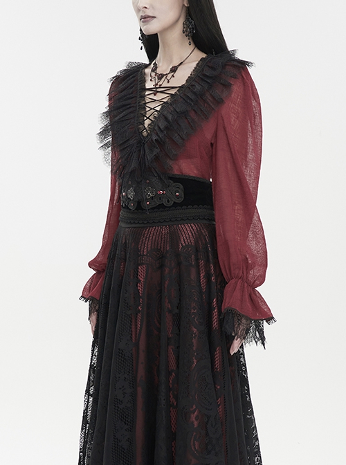 Gothic Style Light And Transparent Grid Fabric Front Lace Layered With Tied Red Puff Sleeves Shirt