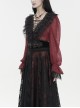 Gothic Style Light And Transparent Grid Fabric Front Lace Layered With Tied Red Puff Sleeves Shirt