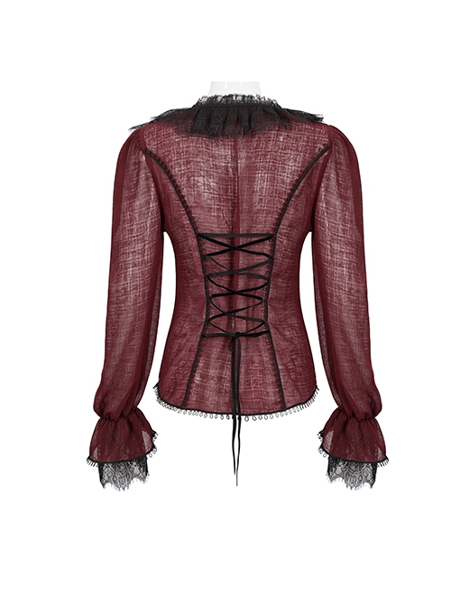 Gothic Style Light And Transparent Grid Fabric Front Lace Layered With Tied Red Puff Sleeves Shirt