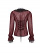 Gothic Style Light And Transparent Grid Fabric Front Lace Layered With Tied Red Puff Sleeves Shirt