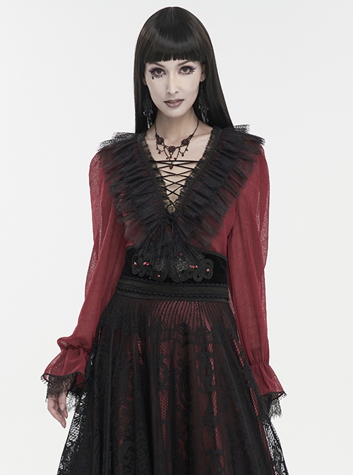 Gothic Style Light And Transparent Grid Fabric Front Lace Layered With Tied Red Puff Sleeves Shirt