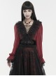 Gothic Style Light And Transparent Grid Fabric Front Lace Layered With Tied Red Puff Sleeves Shirt