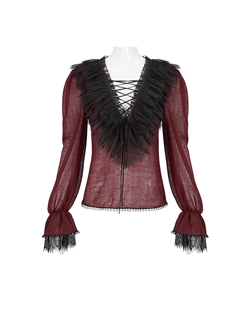 Gothic Style Light And Transparent Grid Fabric Front Lace Layered With Tied Red Puff Sleeves Shirt