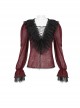 Gothic Style Light And Transparent Grid Fabric Front Lace Layered With Tied Red Puff Sleeves Shirt