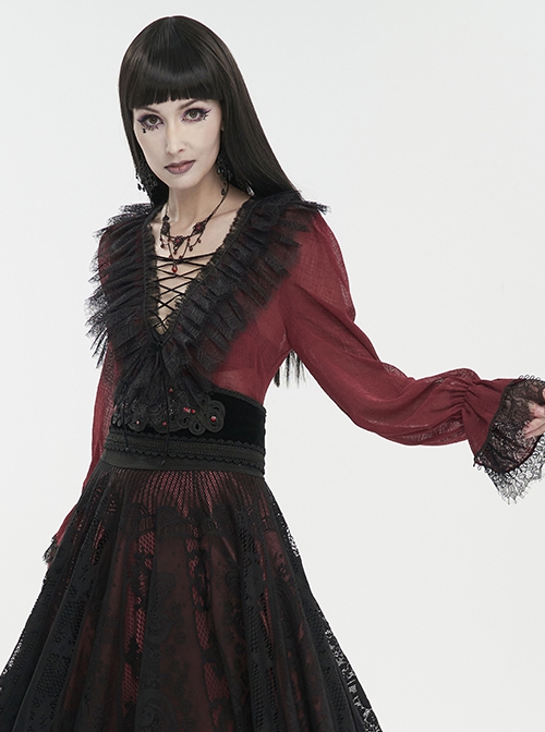 Gothic Style Light And Transparent Grid Fabric Front Lace Layered With Tied Red Puff Sleeves Shirt