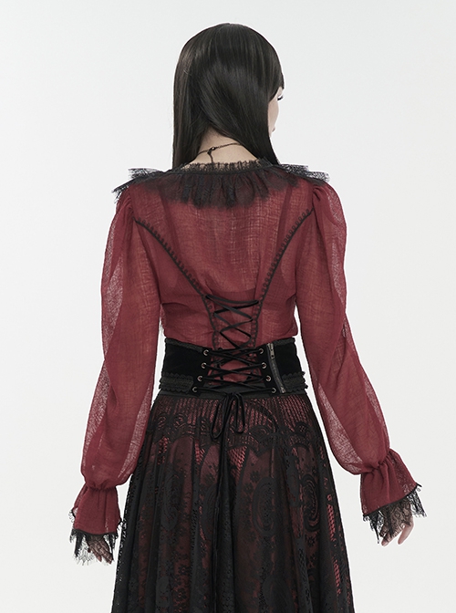 Gothic Style Light And Transparent Grid Fabric Front Lace Layered With Tied Red Puff Sleeves Shirt