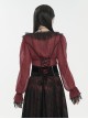 Gothic Style Light And Transparent Grid Fabric Front Lace Layered With Tied Red Puff Sleeves Shirt