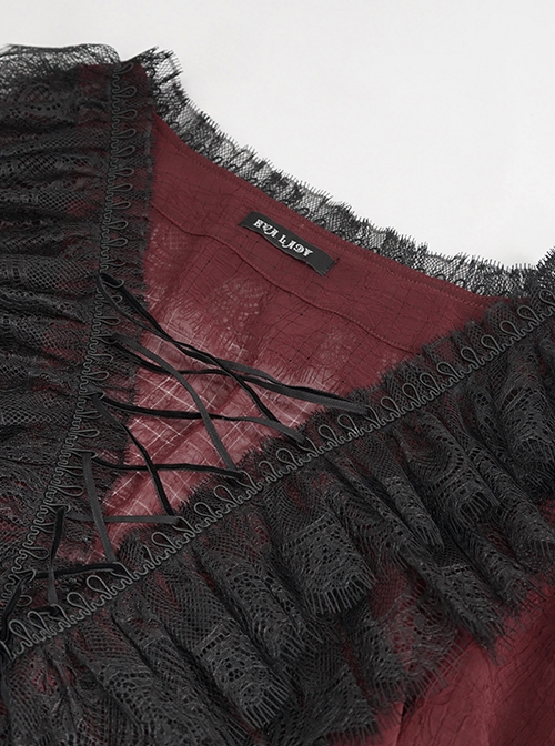 Gothic Style Light And Transparent Grid Fabric Front Lace Layered With Tied Red Puff Sleeves Shirt