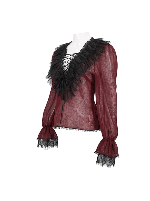 Gothic Style Light And Transparent Grid Fabric Front Lace Layered With Tied Red Puff Sleeves Shirt