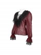 Gothic Style Light And Transparent Grid Fabric Front Lace Layered With Tied Red Puff Sleeves Shirt