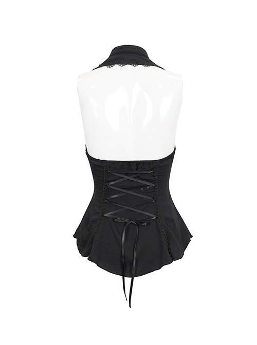 Punk Style Sexy Chiffon Front Chest Slightly Transparent Mesh With Lace Lace Black Sleeveless Backless Drawstring Shirt