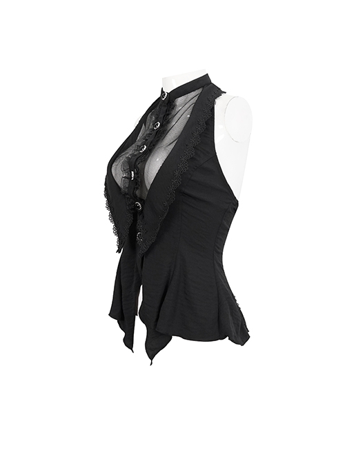 Punk Style Sexy Chiffon Front Chest Slightly Transparent Mesh With Lace Lace Black Sleeveless Backless Drawstring Shirt