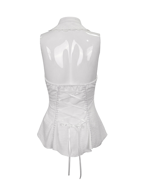 Punk Style Sexy Chiffon Front Chest Slightly Transparent Mesh With Lace Lace White Sleeveless Backless Drawstring Shirt