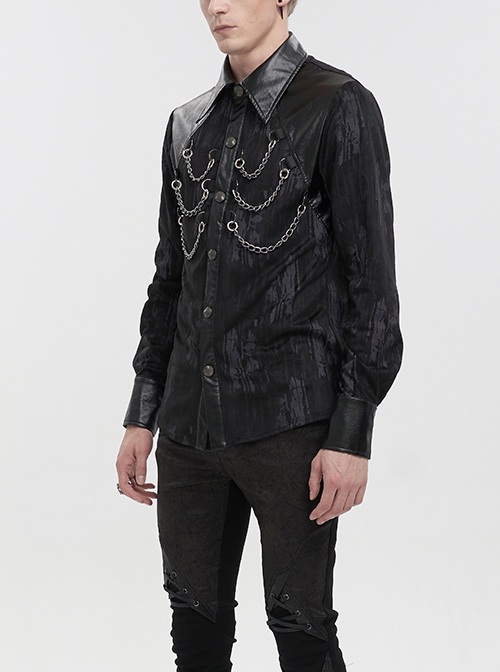 Punk Style Fashion Washed Velvet Fabric With Leather Front Chest Symmetrical Metal Chain Decoration Black Long Sleeved Lapel Shirt