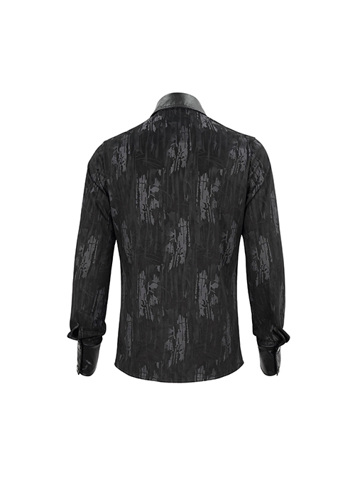 Punk Style Fashion Washed Velvet Fabric With Leather Front Chest Symmetrical Metal Chain Decoration Black Long Sleeved Lapel Shirt