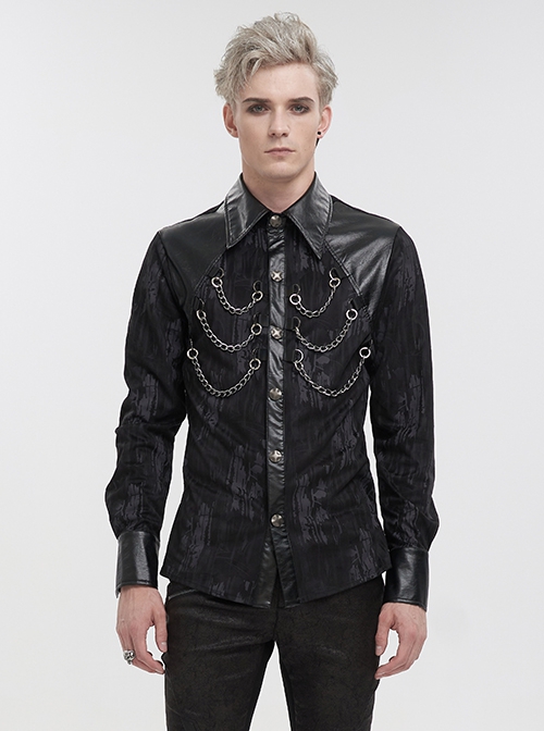 Punk Style Fashion Washed Velvet Fabric With Leather Front Chest Symmetrical Metal Chain Decoration Black Long Sleeved Lapel Shirt