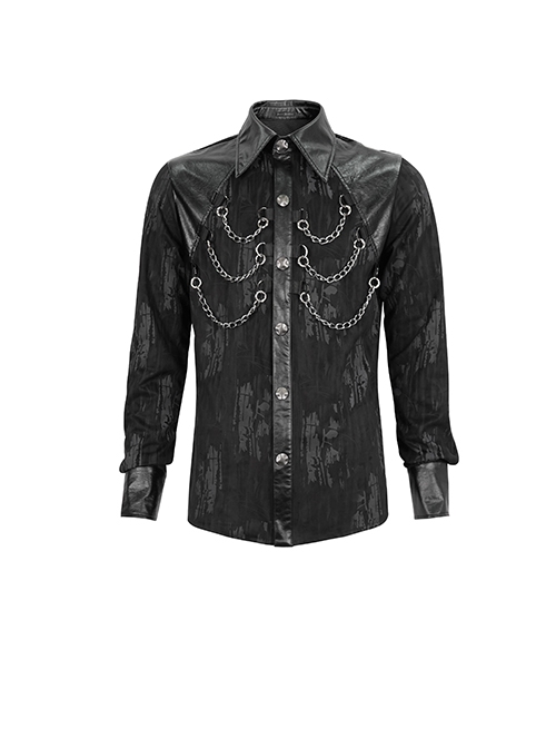 Punk Style Fashion Washed Velvet Fabric With Leather Front Chest Symmetrical Metal Chain Decoration Black Long Sleeved Lapel Shirt