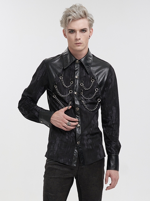 Punk Style Fashion Washed Velvet Fabric With Leather Front Chest Symmetrical Metal Chain Decoration Black Long Sleeved Lapel Shirt